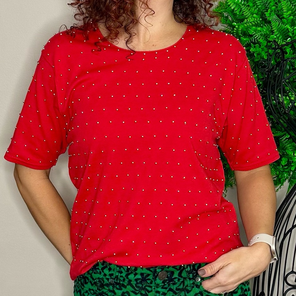 PS Sport vintage red with gold beads, short sleeve shirt